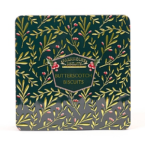 Farmhouse Biscuits Green Holly Tin Butterscotch Biscuits 250g