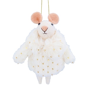 Gisela Graham Mixed Wool Mouse with Fluffy White Coat Decoration