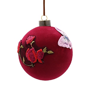 Flocked Glass Flower & Butterfly Bauble (10cm) - Red