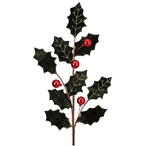 Dark Green Velvet Holly with Red Berries Spray (69cm)