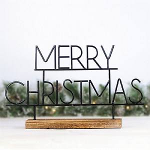 Aluminium Nickle Plated Merry Christmas Sign with Wood Base (31.5cm)