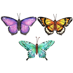 Purple, Orange, Cyan Small Metal Butterfly Wall Art - Set of 3