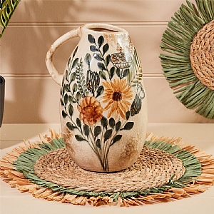 Floral Hand Painted Eucalyptus Crackle Glaze Urn