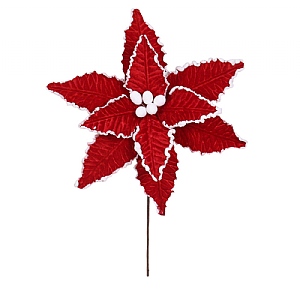 Red Poinsettia Stem - White Accents (40cm)
