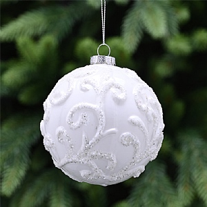 Glass Bauble Scroll Design (10cm) - White