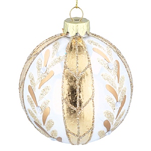 Gisela Graham White Pearl Glass Bauble with Gold and Vine Stripes (8cm)
