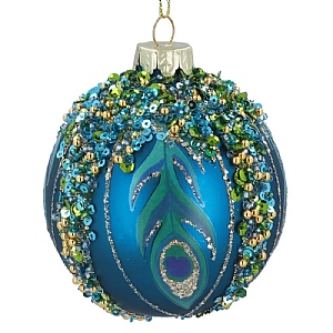 Gisela Graham Peacock Glass Bauble with Sequin & Feather