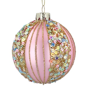 Gisela Graham Matt Pink Glass Bauble with Multicoloured Sequin Stripes (8cm)