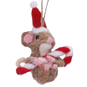 Gisela Graham Mixed Wool Mouse Candy Cane Hanging Decoration (10cm)