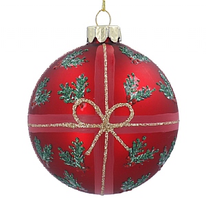 Gisela Graham Red Glass Bauble with Glitter Holly and Gold Bow