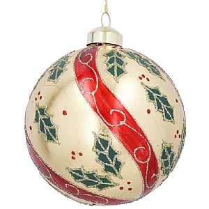 Gisela Graham Gold Foil Glass Bauble with Red Swirls and Holly (10cm)