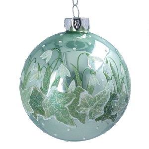 Gisela Graham Sage Green Glass Bauble with Snowdrops & Ivy