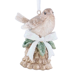 Gisela Graham Bird on Pine Cone with Bow Hanging Decoration