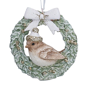 Gisela Graham Resin Bird in Wreath with Bow Hanging Decoration