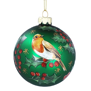 Gisela Graham Forest Green Glass Bauble with Robin & Holly