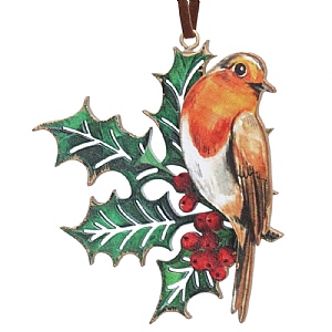 Gisela Graham Holly & Robin Wood Fretwork Hanging Decoration