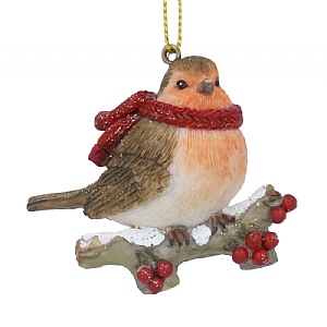 Gisela Graham Robin with Scarf on Branch Hanging Decoration