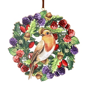 Gisela Graham Wood Robin with Berries Hanging Decoration (11cm)