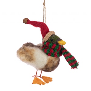 Floralsilk Felt Duck In Scarf & Santa Hat Hanging Decoration (13cm)
