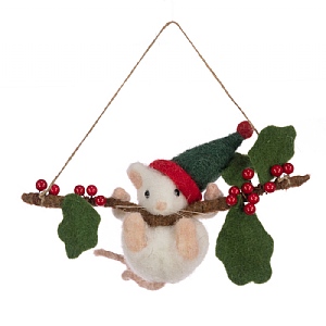 Floralsilk Felt Mouse Hanging From Branch