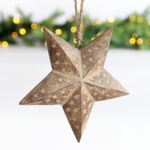Wooden Cut Star Hanging Tree Decoration (18cm)