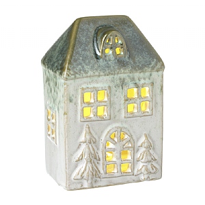 White Ceramic House Tealight Holder with Trees and Green Roof (12cm)