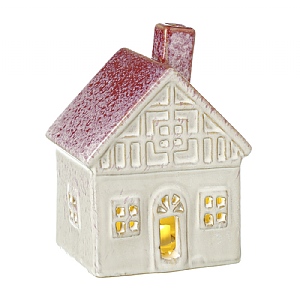White Ceramic House Tealight Holder with Red Roof (13cm)
