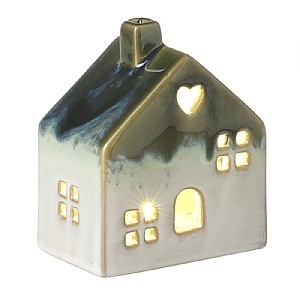 White Ceramic House Tealight Holder with Heart Window and Green Roof (12cm)