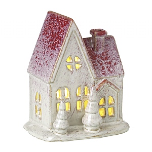 White Ceramic House Tealight Holder with Trees and Red Roof (13cm)