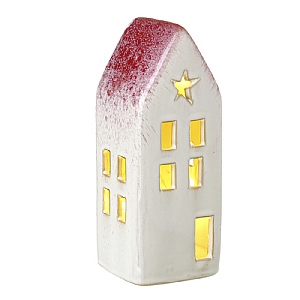 White Ceramic House Tealight Holder with Star Window and Red Roof (14.5cm)