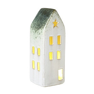 White Ceramic House Tealight Holder with Star Window and Green Roof (20cm)