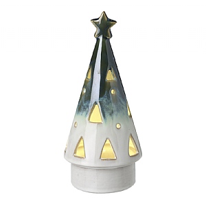 Green & White Ceramic LED Cone Tree (24cm)