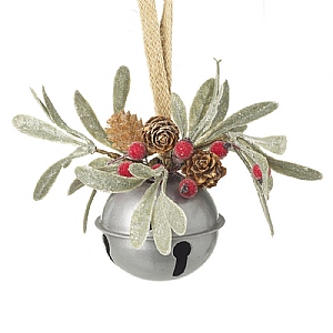 Silver Bell with Foliage Hanging Decoration (13cm)
