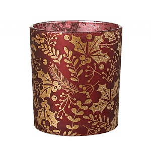Red & Gold Glitter with Holly Candle Holder (8cm)