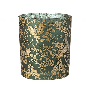 Green & Gold Glitter with Holly Candle Holder (10cm)