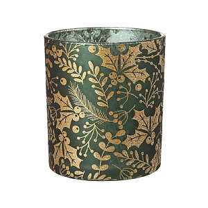 Green & Gold Glitter with Holly Candle Holder (8cm)