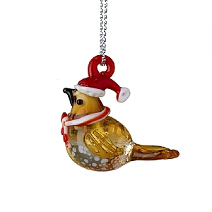 Robin with Santa Hat Glass Hanging Decoration