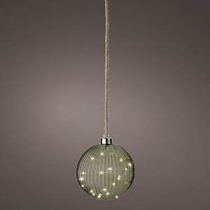 Lumineo Battery Operated Micro LED Green Ribbed Glass Ball (14cm / 30 LEDs) - Warm White