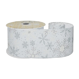 White Ribbon with White and silver Glitter snowflake wired edge (63mm x 10yds)