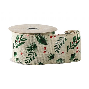 Hessian Ribbon with Berry & Foliage wired edge (63mm x 10yds)