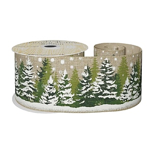 Natural Ribbon with Green trees wired edge (63mm x10yds)