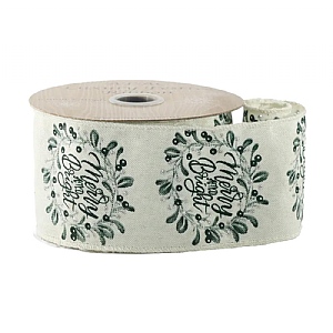 Cream Ribbon with Foliage Print Merry & Bright wired edge (63mm x10yds)