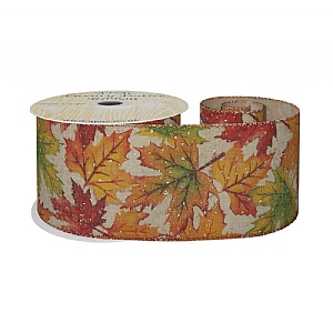 Natural Ribbon with Autumn Leaf wired edge (63mm x10yds)