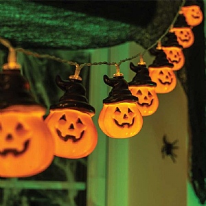 Jack-O-Lantern Set of 10 Halloween String Lights (Battery Operated)