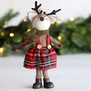 Standing Felt Deer with Tartan Skirt and Scarf