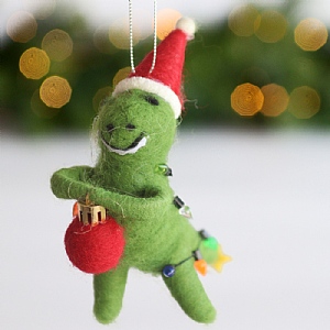 Felt Christmas Dinosaur with Red Bauble and String Lights Hanging Tree Decoration