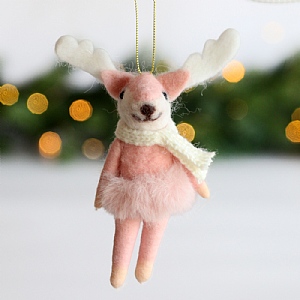 Felt Mrs Reindeer with Scarf and fluffy Skirt Hanging Tree Decoration - Pink