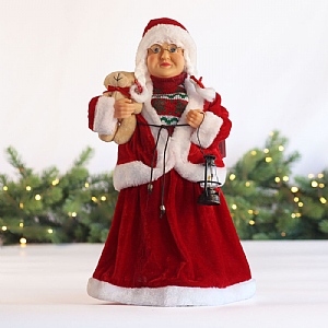 Red Standing Mrs Claus with Bear & Lantern (40cm)