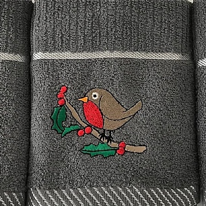 Christmas Tea Towel Robin - Grey