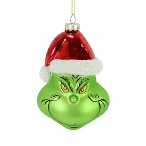 Glass Grinch with Santa Hat Hanging Decoration - Green (11cm)